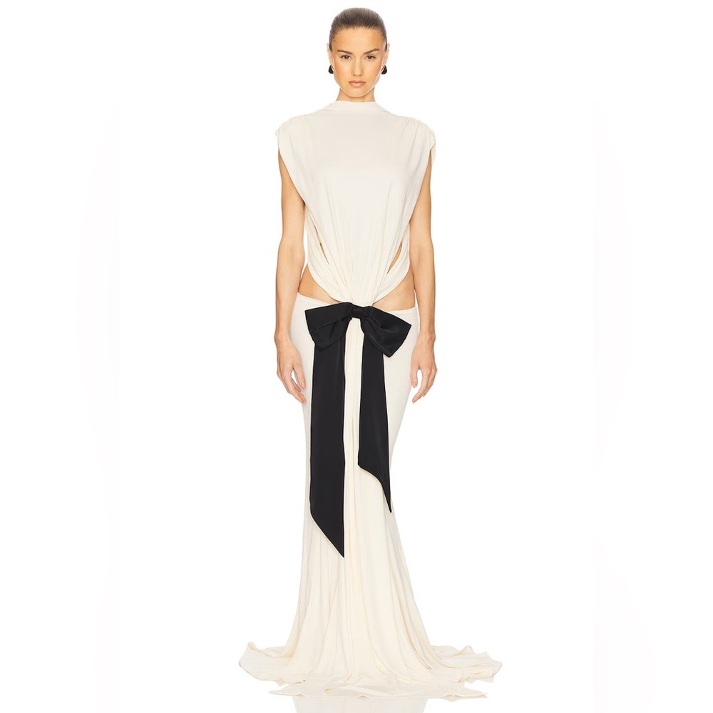 Elegant White Gown with Black Bow